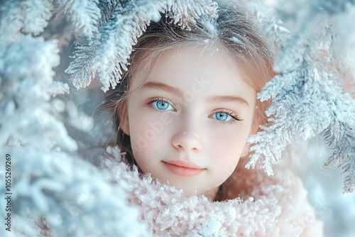 A young girl with bright blue eyes framed by snow-covered branches, capturing a magical winter moment with a serene smile. photo