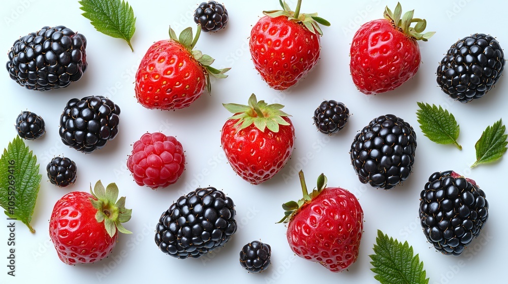 Strawberries and mulberries on a flat background Strawberries and mulberries on a flat background