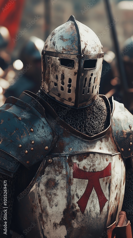Medieval knight in steel armor with a red cross, prepared for battle. Historical depiction of warfare attire. Medieval knight in steel armor with a red cross, prepared for battle. Historical depiction of warfare attire.