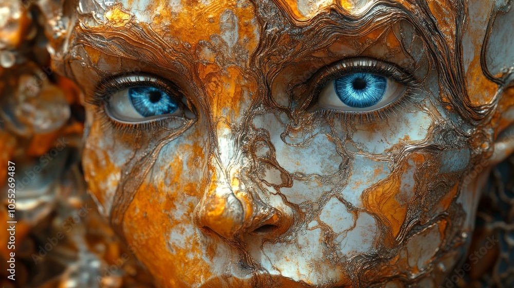 Surreal futuristic humanoid face, a seamless blend of organic and artificial elements