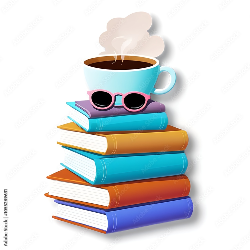 A stack of colorful books with a cup of coffee and sunglasses on top. A stack of colorful books with a cup of coffee and sunglasses on top.