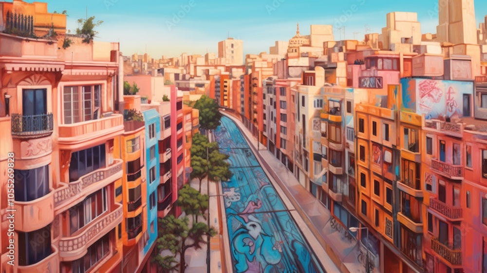 Fototapeta premium Vibrant Cityscape with Colorful Buildings and a Street Lined with Trees