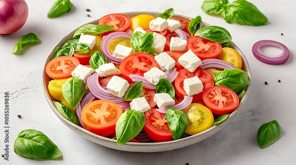 Fresh Tomato, Feta and Basil Salad, cheese, healthy, red onion, greek salad, vegetables Fresh Tomato, Feta and Basil Salad, cheese, healthy, red onion, greek salad, vegetables