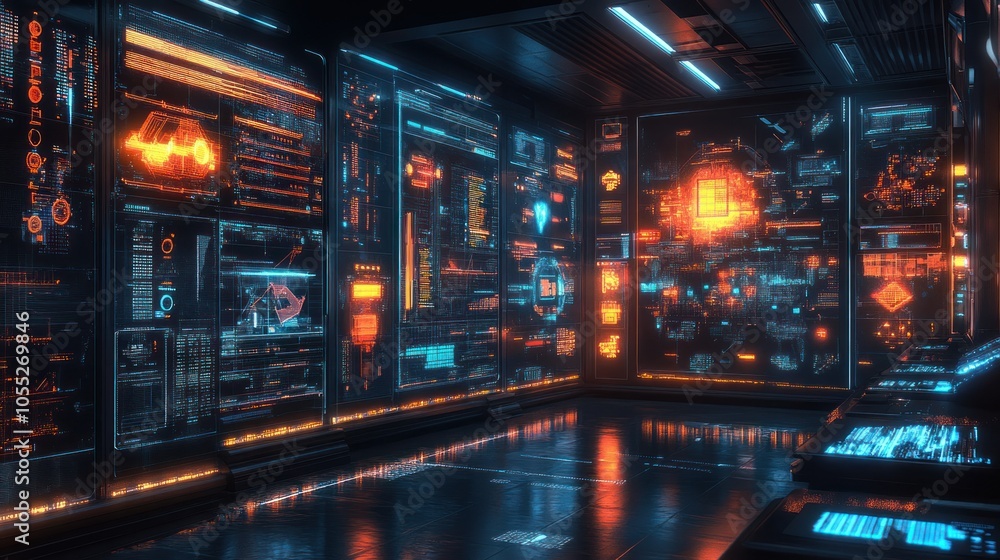 A futuristic server room with glowing screens displaying data and code. A futuristic server room with glowing screens displaying data and code.