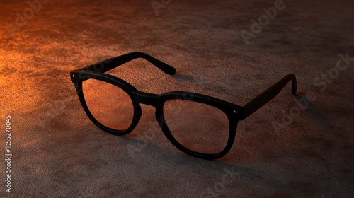 Bold black glasses sit elegantly on a dark brown surface, enhanced by warm ambient lighting