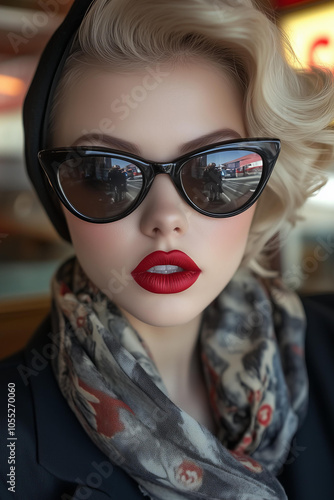 Blonde woman model wearing red lipstick, black sunglasses, and a scarf around her head, looking into the camera in a 1950s style, street cafe background