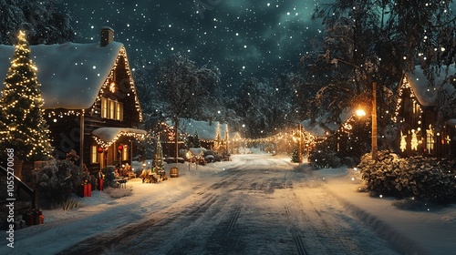 Snowy Night in a Festive Village Decorated with Holiday photo