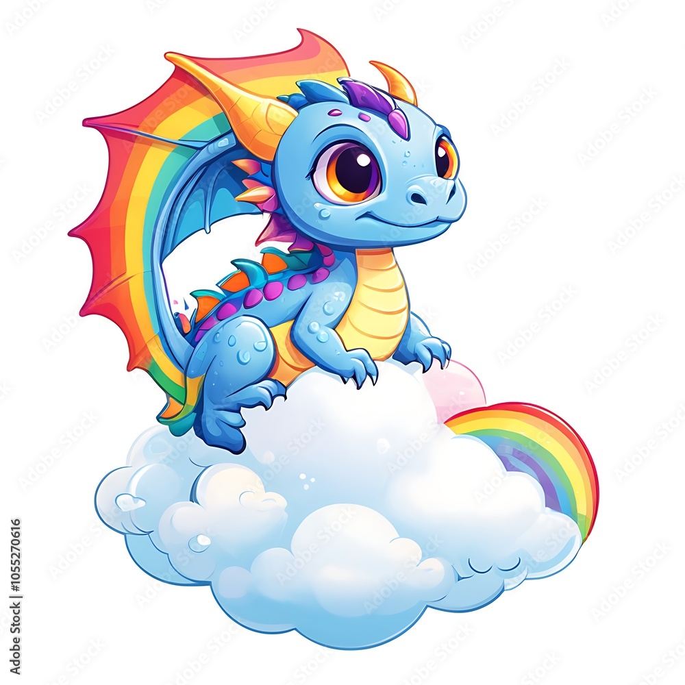 A cute cartoon rainbow dragon perched on a fluffy cloud with a rainbow underneath. A cute cartoon rainbow dragon perched on a fluffy cloud with a rainbow underneath.