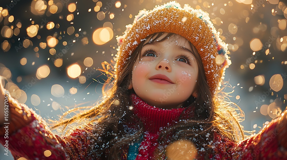 Child Joyfully Smiles as Snowflakes Fall Around Her, Winter Wonderland in the Air Child Joyfully Smiles as Snowflakes Fall Around Her, Winter Wonderland in the Air