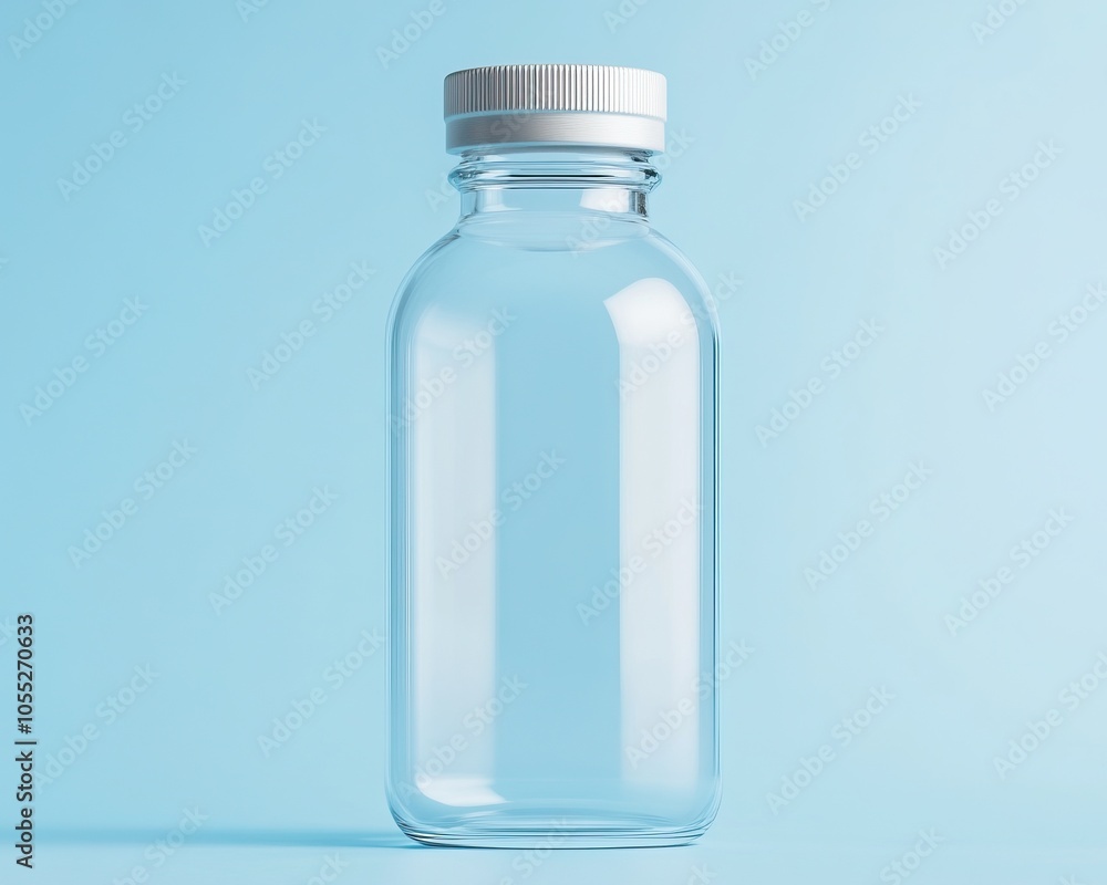 A clear glass bottle with a silver cap against a light blue background, showcasing simplicity and elegance. A clear glass bottle with a silver cap against a light blue background, showcasing simplicity and elegance.