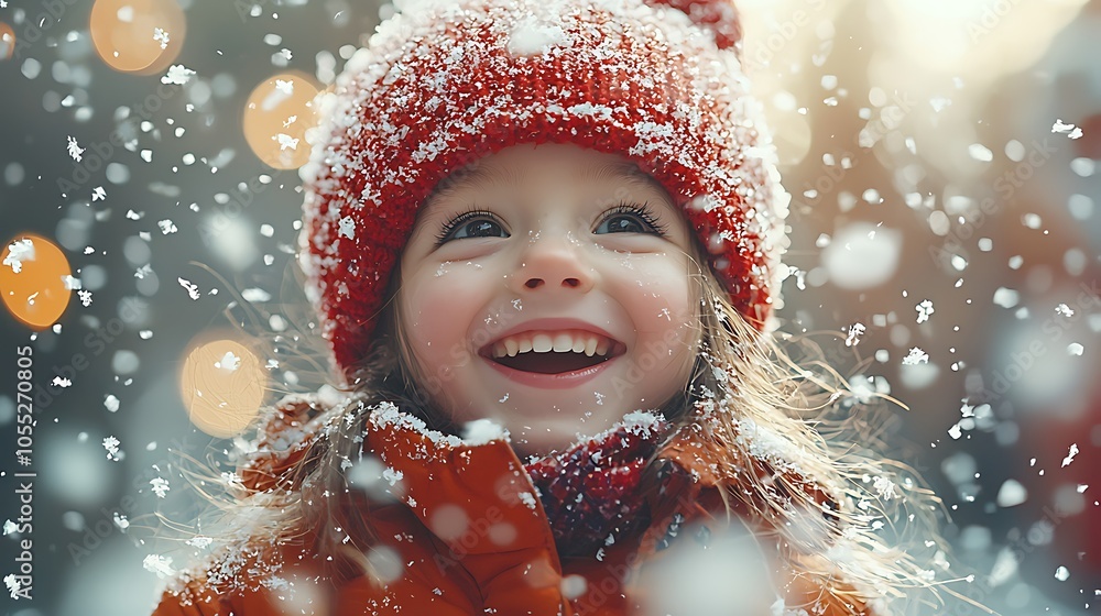 Little Girl in Red Hat Smiles in Snowfall with Festive Lights Little Girl in Red Hat Smiles in Snowfall with Festive Lights