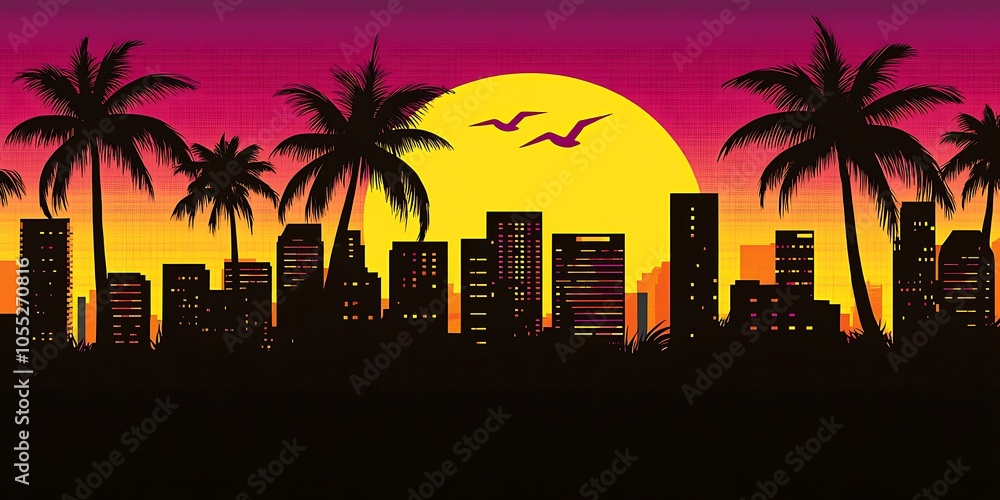 Fototapeta premium This retro art photo captures the essence of a tropical city at sunset, with the silhouette of palm trees and cityscape creating a colorful and vibrant scene