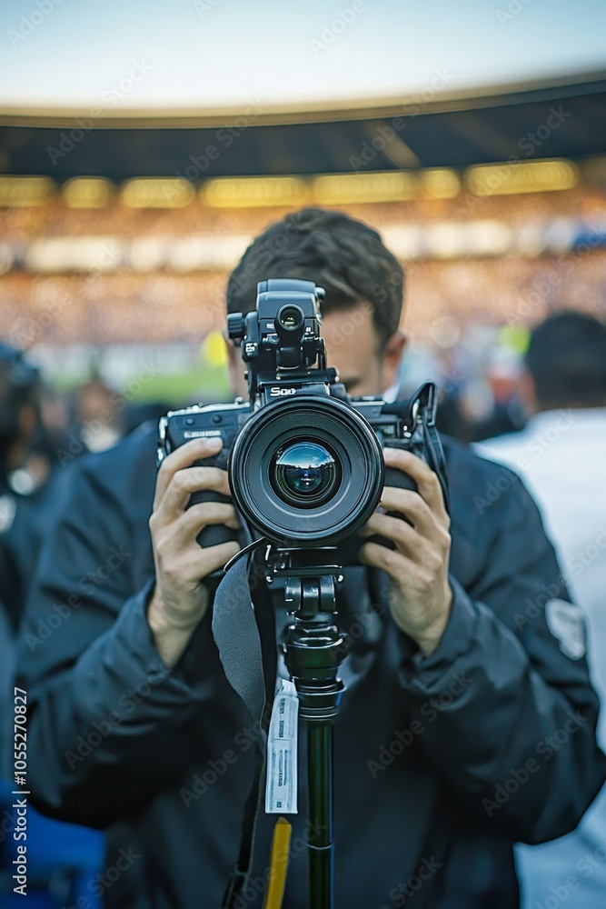 Professional Videographer at Sporting Event, Recording Live Action with Blurred Stadium Background. Professional Videographer at Sporting Event, Recording Live Action with Blurred Stadium Background.