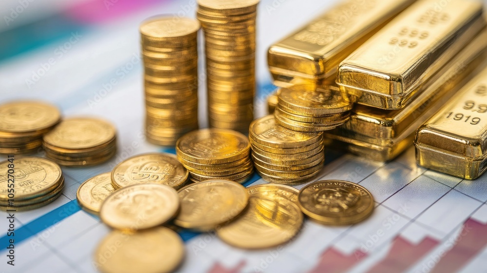 A collection of gleaming gold bars and coins displayed on a financial chart, representing the relationship between precious metals and finance. A collection of gleaming gold bars and coins displayed on a financial chart, representing the relationship between precious metals and finance.