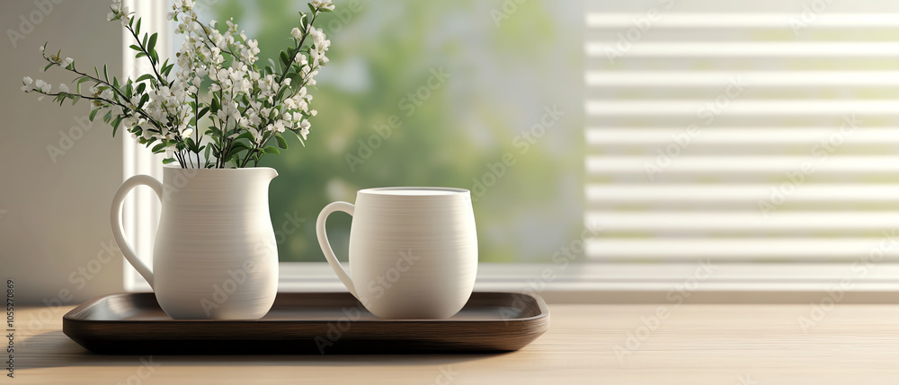 custom made wallpaper toronto digitalA serene morning scene featuring two minimalist white mugs and a small vase with flowers on a wooden tray beside a sunlit window.