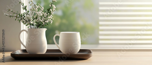 Wallpaper Mural A serene morning scene featuring two minimalist white mugs and a small vase with flowers on a wooden tray beside a sunlit window. Torontodigital.ca