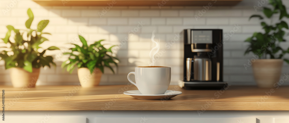 A steaming cup of coffee on a wooden kitchen counter, with a stylish coffee maker and potted plants in the background, creating a cozy atmosphere. A steaming cup of coffee on a wooden kitchen counter, with a stylish coffee maker and potted plants in the background, creating a cozy atmosphere.