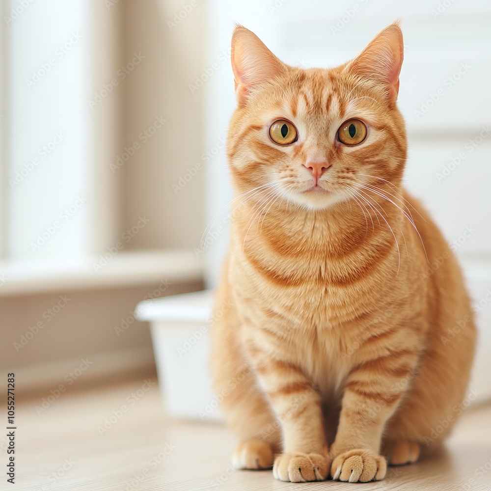 A fluffy orange tabby cat sits calmly indoors, looking directly at the camera with bright, curious eyes. A fluffy orange tabby cat sits calmly indoors, looking directly at the camera with bright, curious eyes.