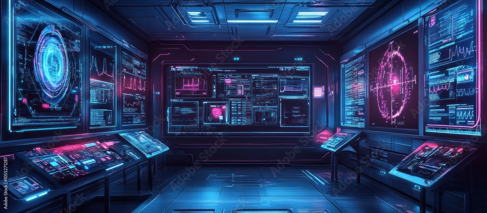 Futuristic control room with screens displaying data and a blue and pink lighting. Futuristic control room with screens displaying data and a blue and pink lighting.