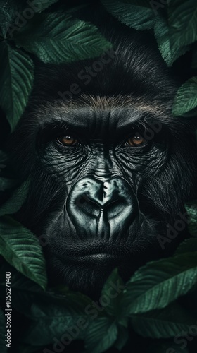 A close up of a gorilla's face with its eyes open and looking at the camera