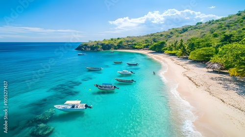 A beach with sparkling blue water and boats anchored near the shore