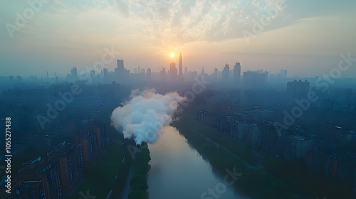 A Large Power Plant Emitting Smoke, with a Cloudy Sky Above the City, Representing Industrialization and Environmental Challenges. The Image Highlights Air Pollution and Its Impact on Urban Areas. 