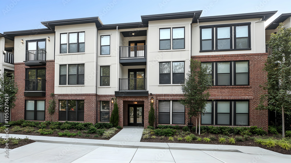 Modern Apartment Building Facade with Balconies, apartment complex, condo, condominium, exterior, front Modern Apartment Building Facade with Balconies, apartment complex, condo, condominium, exterior, front
