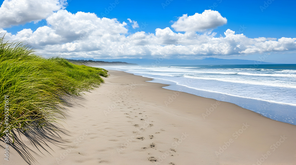 Sandy Beach with Footsteps, shore, ocean, sea, waves, sky Sandy Beach with Footsteps, shore, ocean, sea, waves, sky