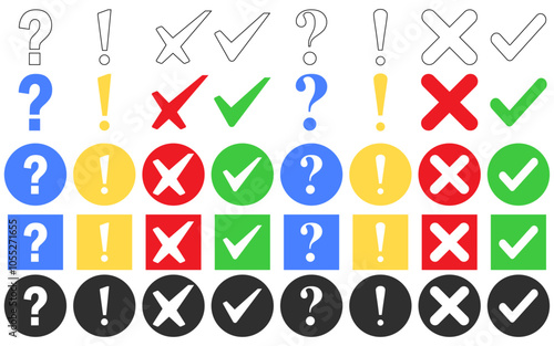 Check box tick mark icon set button question mark exclamation mark correct right wrong yes or no checkmark red cross green tick blue black buttons