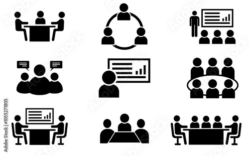 People meeting icon set business meetings presentation marketing temwork management finance table employee group company partnership