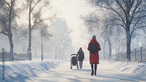 Snowy Weather - People During a Snowfall in City Park photo