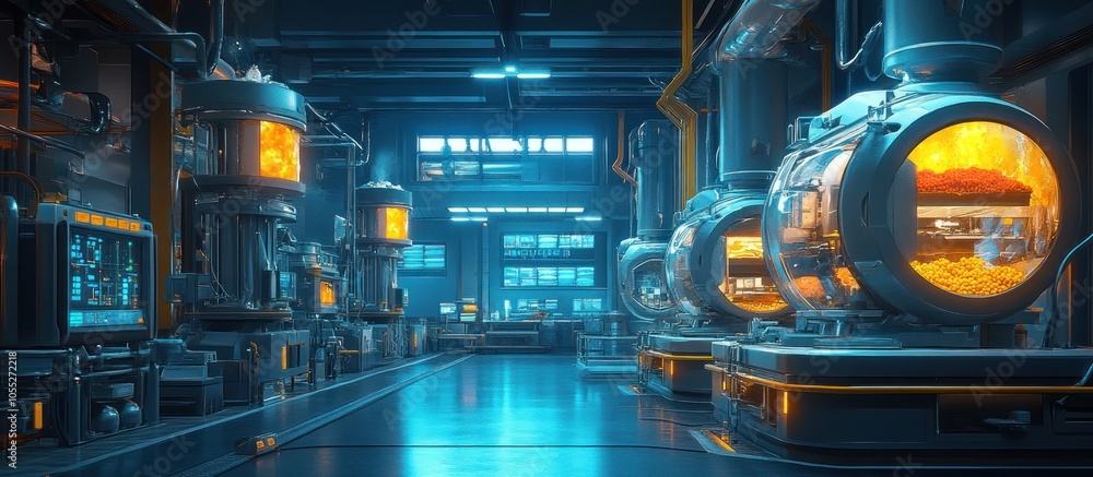 Futuristic industrial factory interior with glowing machinery and digital screens. Futuristic industrial factory interior with glowing machinery and digital screens.