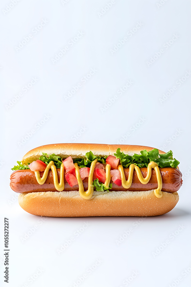 Top view floating hotdog with mustard, isolated on white background Top view floating hotdog with mustard, isolated on white background