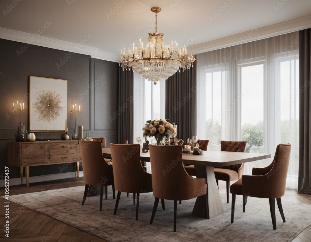 a high-quality 3D render of an elegant dining area, emphasizing sophistication and comfort. Incorporate a stylish dining table, comfortable chairs, and a statement chandelier. a high-quality 3D render of an elegant dining area, emphasizing sophistication and comfort. Incorporate a stylish dining table, comfortable chairs, and a statement chandelier.