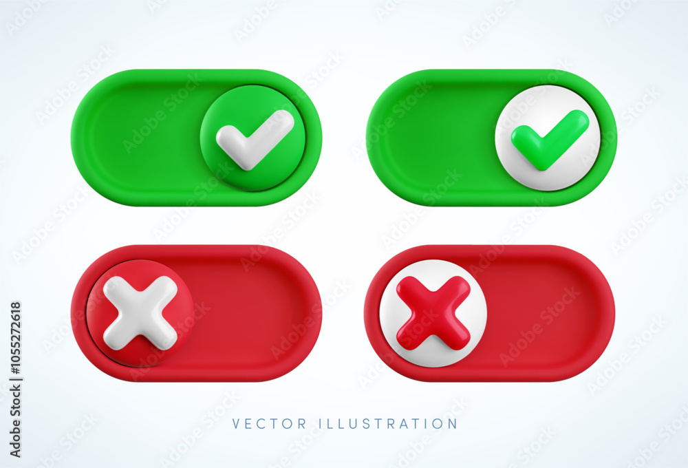 Vector cartoon 3d turn on and off switch button set. Cute realistic 3d toggle switch sliders with green yes checkmark and red cross icon. Setting toggle mobile app interface design element collection. Vector cartoon 3d turn on and off switch button set. Cute realistic 3d toggle switch sliders with green yes checkmark and red cross icon. Setting toggle mobile app interface design element collection.