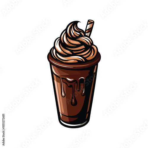 Create a realistic vector illustration of an iced chocolate mocha with whipped cream, chocolate shavings, and a straw.