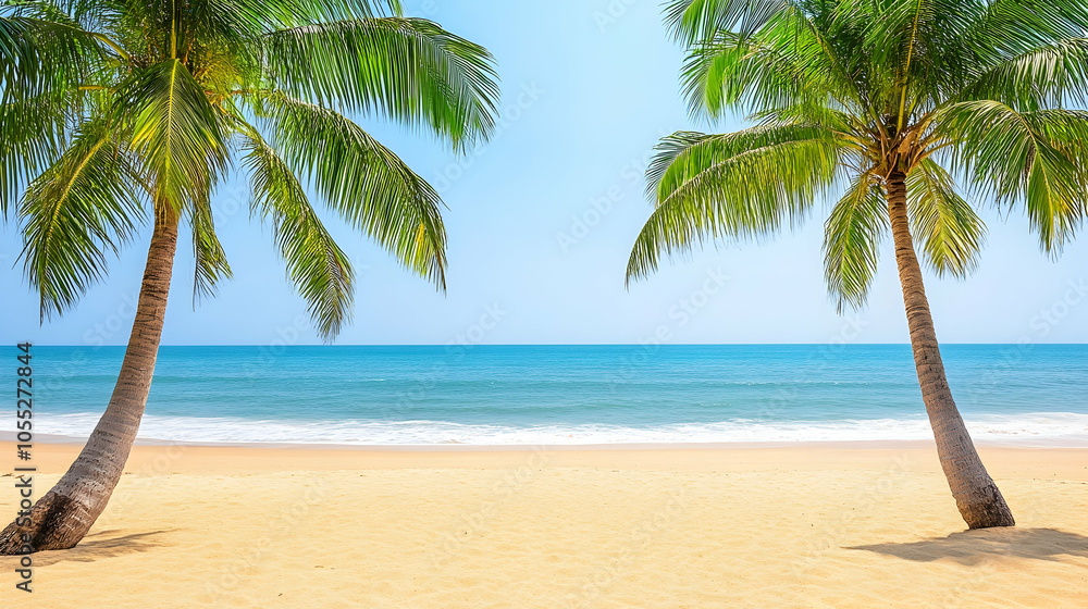 Obraz premium Tropical Beach With Palm Trees, ocean, waves, sand, summer, vacation