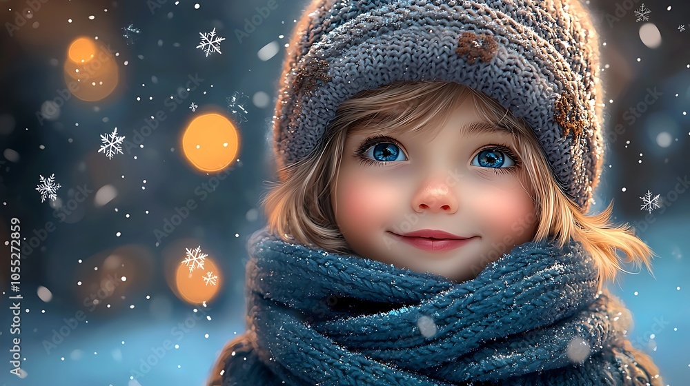 A Little Girl Smiles in the Winter Snow, Wearing a Hat and Scarf A Little Girl Smiles in the Winter Snow, Wearing a Hat and Scarf