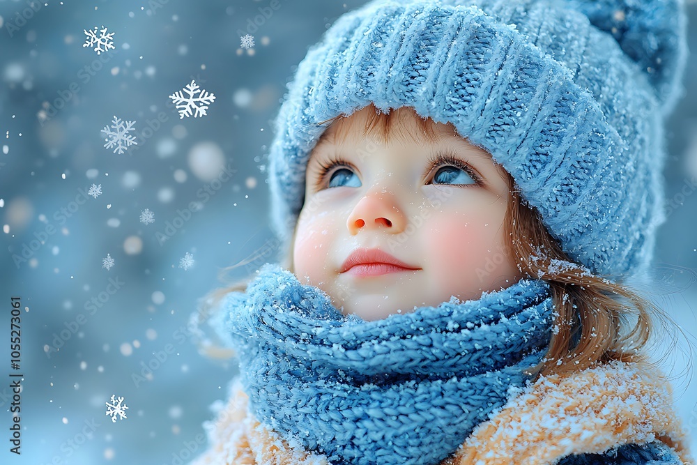 Winter Wonderland: Little Girl Gazes Up at Falling Snowflakes in a Blue Knit Hat and Scarf Winter Wonderland: Little Girl Gazes Up at Falling Snowflakes in a Blue Knit Hat and Scarf
