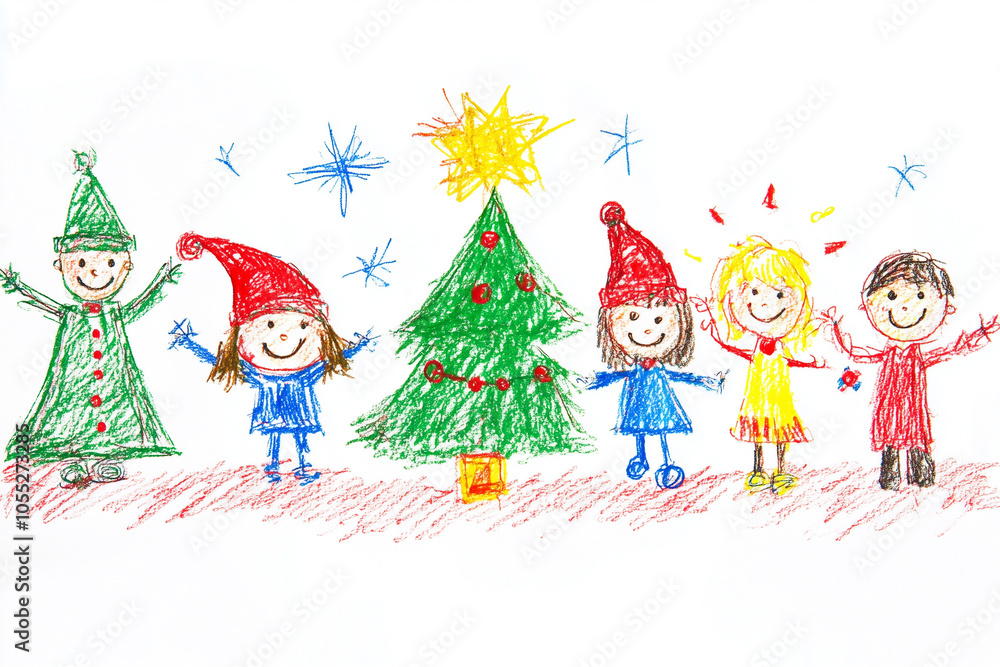 Cute Christmas children's drawing on a white background Cute Christmas children's drawing on a white background