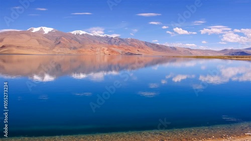 Calm, quiet, relaxation: the delightful serene surface of the high-altitude Tso Moriri lake in Ladakh region, India.