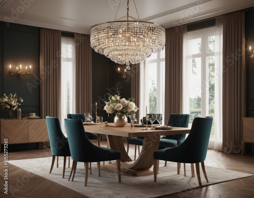 a high-quality 3D render of an elegant dining area, emphasizing sophistication and comfort. Incorporate a stylish dining table, comfortable chairs, and a statement chandelier.