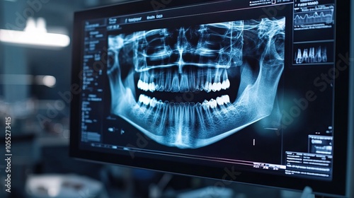 A digital dental X-ray displayed on a monitor, showcasing a detailed view of teeth and jaw structure in a clinical setting.
