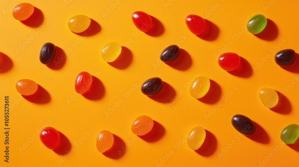 A dynamic photo of candies arranged playfully on an orange background, perfect for inviting captions or promotional designs. A dynamic photo of candies arranged playfully on an orange background, perfect for inviting captions or promotional designs.