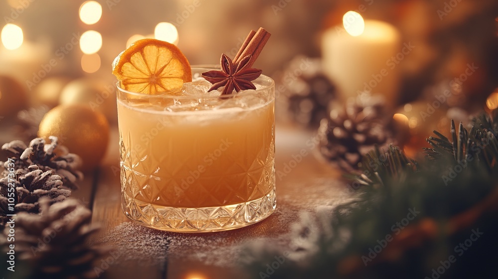 A festive cocktail features citrus, cinnamon, and garnishes, surrounded by pinecones and softly glowing candles. A festive cocktail features citrus, cinnamon, and garnishes, surrounded by pinecones and softly glowing candles.