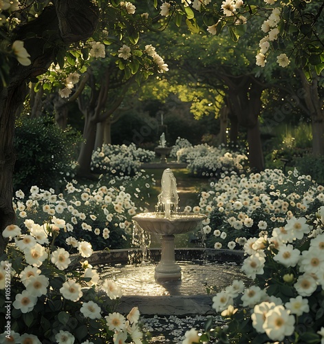 Water fountain in the garden lush greenery with flowers surrounded photo