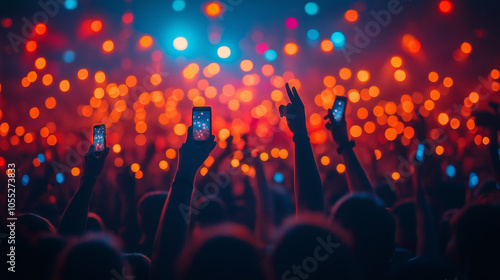 People taking photographs with smart phone during a public music concert