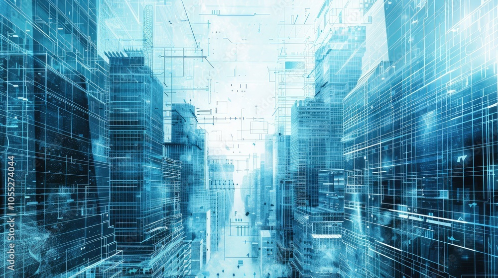 Obraz premium Futuristic cityscape with digital blueprints overlay