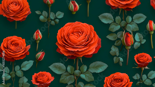 Seamless Pattern of Orange Roses and Buds on Teal Background, red roses, rose buds, rose pattern, floral pattern, botanical illustration