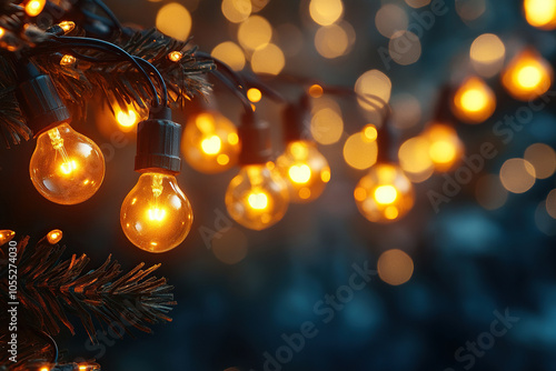 Vintage electric garland with warm bulbs on golden bokeh background. Holiday background with space for text. Christmas banner.